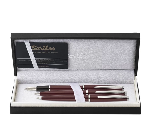 Scrikss Vintage 33 Dolma Kalem, Tükenmez Kalem,  Mekanik Kurşun Kalem Üçlü Set Bordo ürün görseli 1