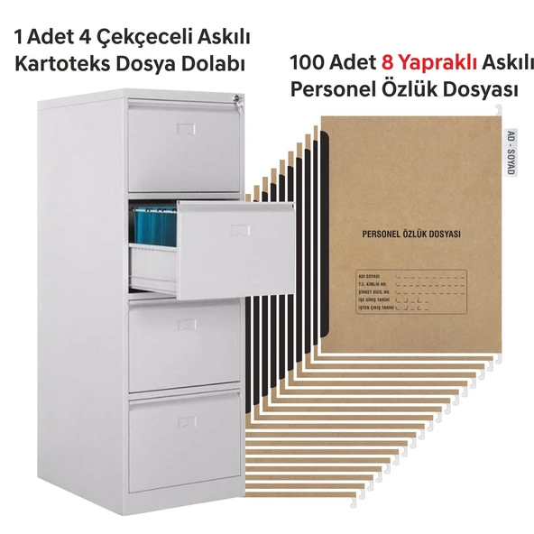 1 Adet Dört Çekmeceli Kartoteks Dosya Dolabı 100 Adet 8 Sayfalı Askılı Personel Özlük Dosyası Kampanyalı Fiyat ürün görseli 1
