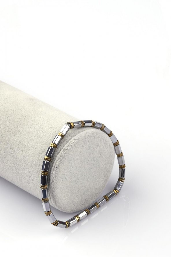 Gümüş Gri - Gold Renkli Hematit Doğal Taş Bileklik 5 x 3 mm Rondel Kesim ürün görseli 1
