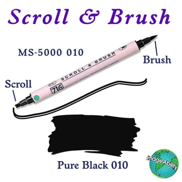 Zig Scroll & Brush Çift Çizgi ve Fırça Uçlu Kaligrafi ve Gölgeleme Kalemi 010 Pure Black ürün görseli 1