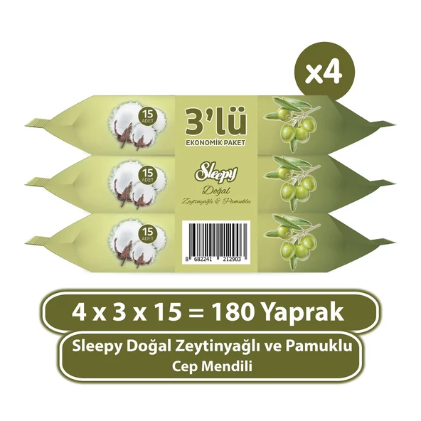 Sleepy Doğal Zeytinyağlı ve Pamuklu Cep Mendili 4x3x15 (180 Yaprak) ürün görseli 1