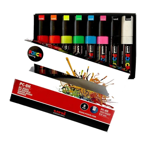 Uni Posca PC-8K 8.0 Su Bazlı Boyama Markörü Floresan 7+1 Set ürün görseli 1