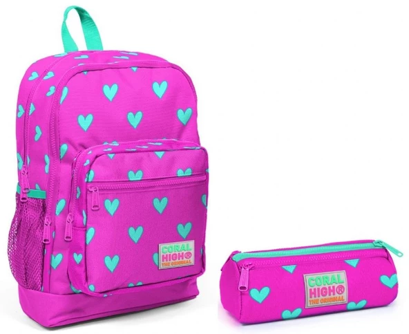 Coral High Pembe Kalp Desenli Okul Sırt Çantası ve Kalemlik Seti - Kız Çocuk ürün görseli 1