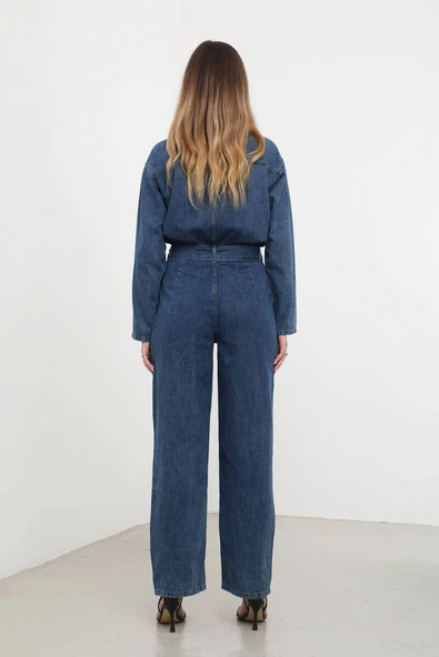 Kadın Oversize Jean Tulum Koyu Mavi - Resim 8