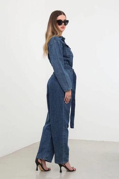 Kadın Oversize Jean Tulum Koyu Mavi - Resim 7