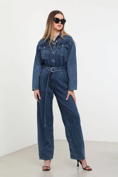 Kadın Oversize Jean Tulum Koyu Mavi - Resim 6