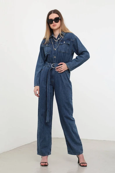 Kadın Oversize Jean Tulum Koyu Mavi - Resim 5