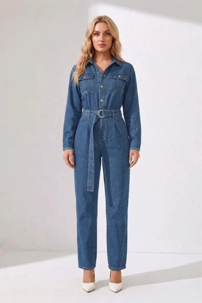 Kadın Oversize Jean Tulum Koyu Mavi - Resim 2