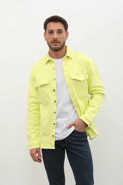 Erkek Oversize Jean Gömlek Neon Yeşil - Resim 5