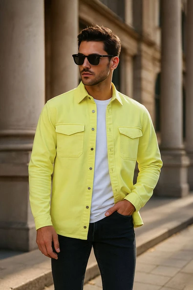 Erkek Oversize Jean Gömlek Neon Yeşil ürün görseli 1