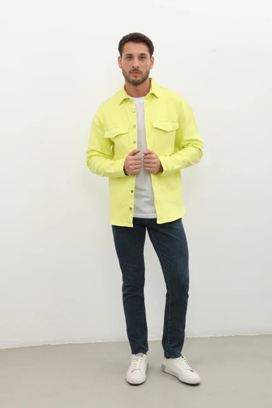 Erkek Oversize Jean Gömlek Neon Yeşil - Resim 4
