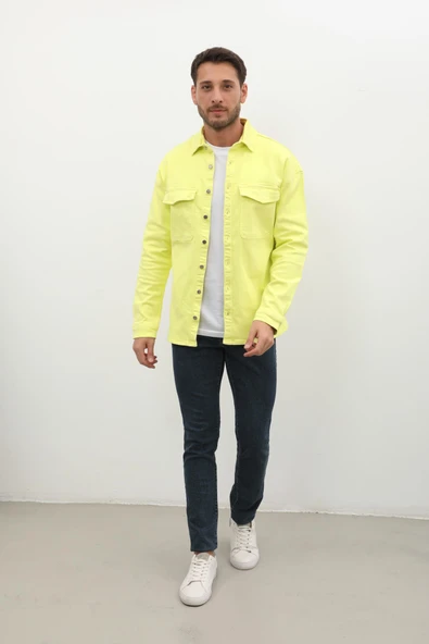 Erkek Oversize Jean Gömlek Neon Yeşil - Resim 6