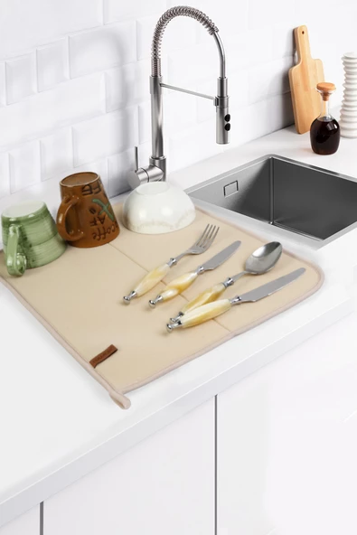 Basic Bulaşık Kurutma Matı 46x36 cm Kurulama Bezi Kurutma Örtüsü Tezgah Üstü Bej ürün görseli 1