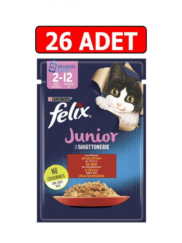 Purina felix sığır etli junior yavru kedi ıslak maması 85gr 26adet kedi yaş mama kedi pouch konserve ürün görseli 1