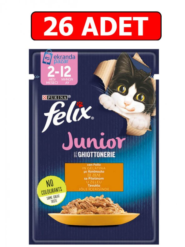 Purina felix tavuklu junior yavru kedi ıslak maması 85gr x 26 adet kedi yaş mama kedi pouch konserve ürün görseli 1
