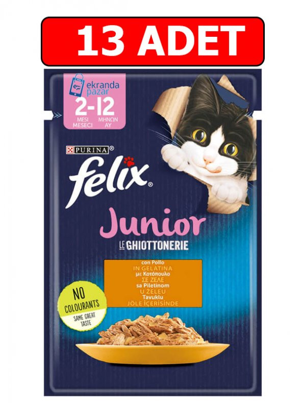 Purina felix tavuklu junior yavru kedi ıslak maması 85gr x 13 adet kedi yaş mama kedi pouch konserve ürün görseli 1