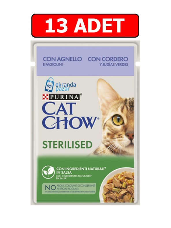 cat chow sterilised kuzu etli ve yeşil fasulyeli kısırlaştırılmış kedi yaş maması 85gr 13 adet pouch ürün görseli 1
