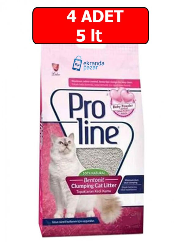 Proline pudralı bentonit 4adet 5lt kedi kumu bebek pudralı topaklanan ince taneli kedi kumu ürün görseli 1