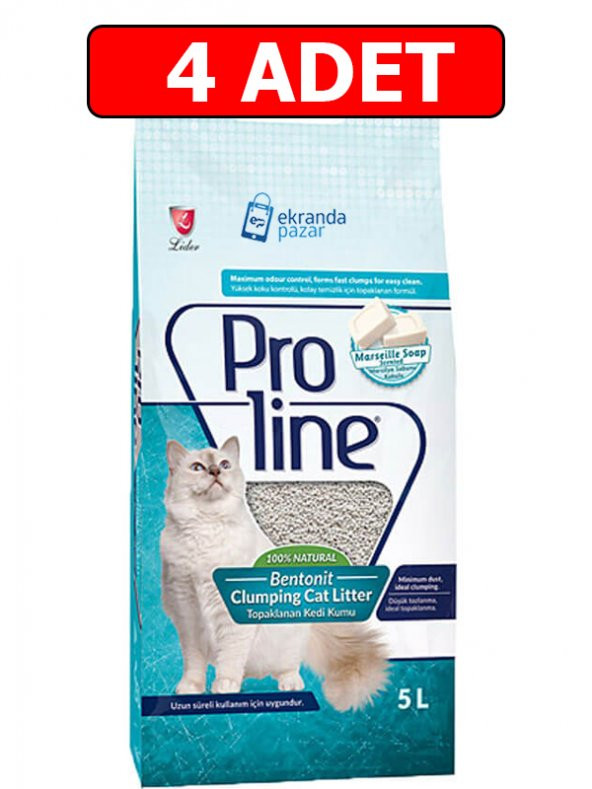Proline marsilya sabun kokulu 4adet 5lt bentonit kedi kumu topaklanan ince taneli kedi kumu ürün görseli 1