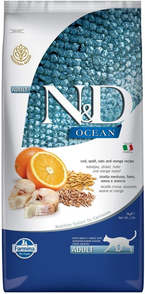 ND ocean ancestral grain adult kedi 5kg düşük tahıllı morina balığı kılçıksız buğday yulaf portakal ürün görseli 1