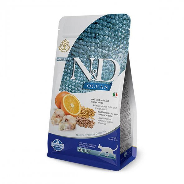 ND ocean kedi 1,5kg az tahıllı morina balığı kılçıksız buğday yulaf ve portakallı kedi maması ürün görseli 1