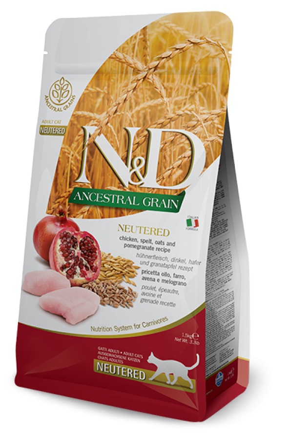 Nd ancestral grain kısırlaştırılmış kedi maması az tahıllı tavuk kılçıksız buğday yulaflar nar 1,5kg ürün görseli 1