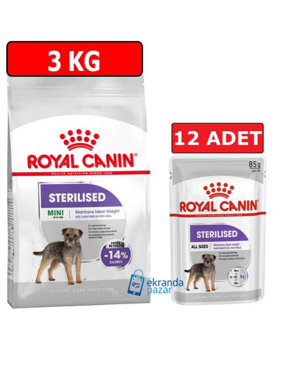 Royal canin mini sterilised köpek ikili paket 3kg kuru mama-12 adet 85gr pouch kısır köpek maması ürün görseli 1