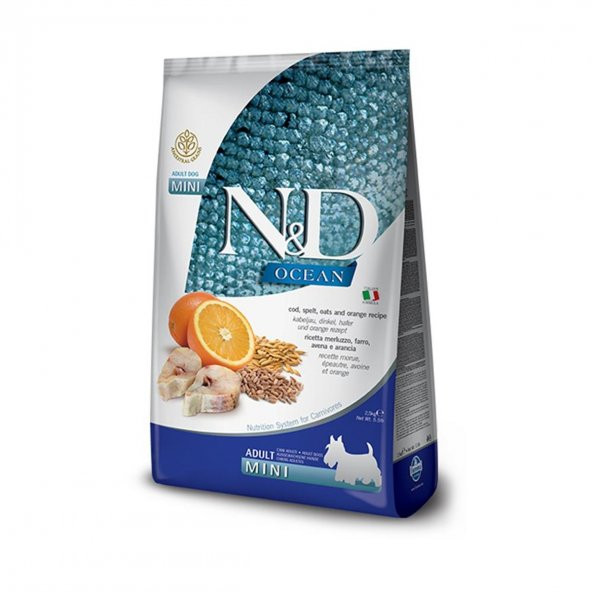 ND ocean mini adult köpek 2,5kg az tahıllı morina balığı buğday yulaf ve portakallı köpek maması ürün görseli 1