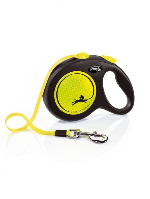 Flexi new neon M boy şerit tasma medium 5 metre otomatik şeritli köpek uzatma max 25kg sarı şerit ürün görseli 1