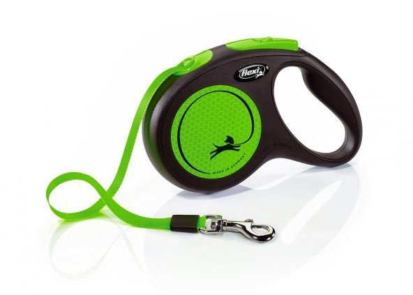 Flexi new neon m boy şerit tasma medium 5 metre otomatik şeritli köpek uzatma max 25kg yeşil şeritli ürün görseli 1
