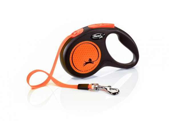 Flexi new neon m boy şerit tasma medium 5 mt otomatik şeritli köpek uzatma max 25kg turuncu şeritli ürün görseli 1
