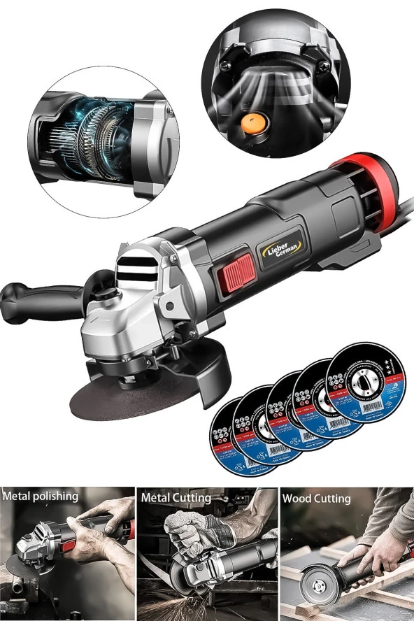 Lieber German 1500 Watt Bakır Sargı Çelik Dişli 5 taşlı 115 Mm Avuç İçi Taşlama Spiral Makinesi ürün görseli 1