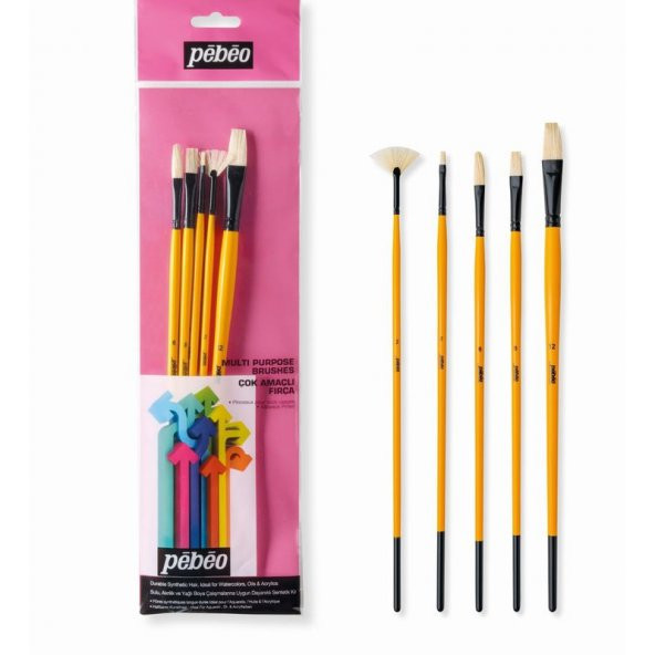 Pebeo 5li Uzun Sap Fırça Seti Beyaz Bristle Kıl (No: 2, 6, 8, 12 + Yelpaze Fırça No:2) SET-12 ürün görseli 1
