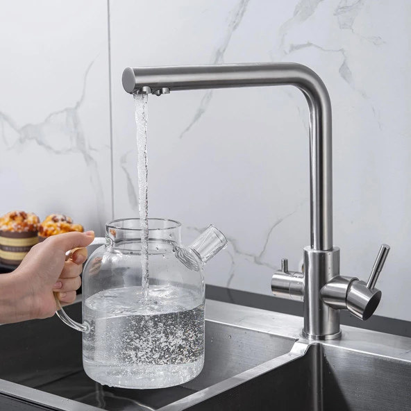Arıtma Mutfak Lavabo Musluğu Bataryası Mix Eyve Sıcak Soğuk Çift Su Girişli Çeşmesi 40 cm ürün görseli 1