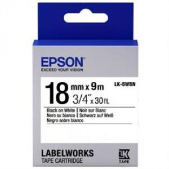 Epson LK-5WBN Standart Siyah Üzeri Beyaz 18MM 9Metre Etiket ürün görseli 1