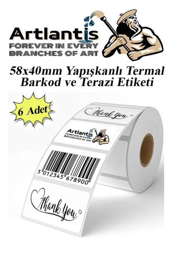 58X40 mm Barkod Etiketi Yapışkanlı 6 Adet Termal Barkot ve Terazi Etiketi 500 lü Barkod Yazıcılarına Uyumlu ürün görseli 1