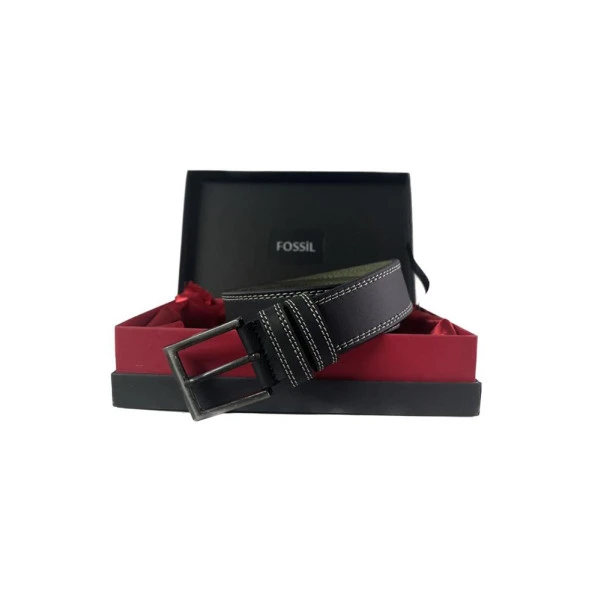 Fossil Siyah Çift Dikiş Suni Deri 4 cm Erkek Kemeri-120Cm ürün görseli 1