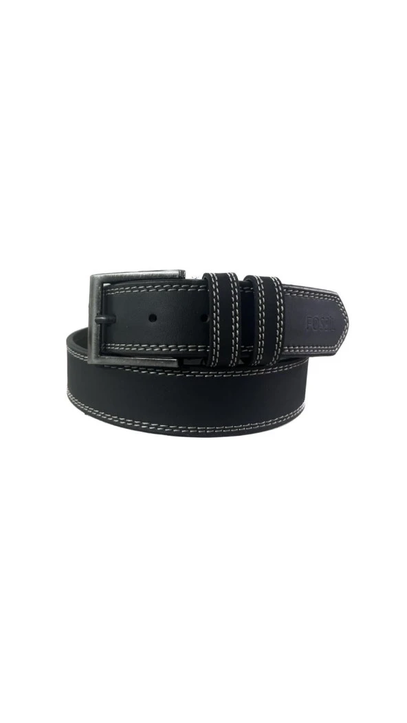 Fossil Siyah Çift Dikiş Suni Deri 4 cm Erkek Kemeri-110Cm - Resim 3