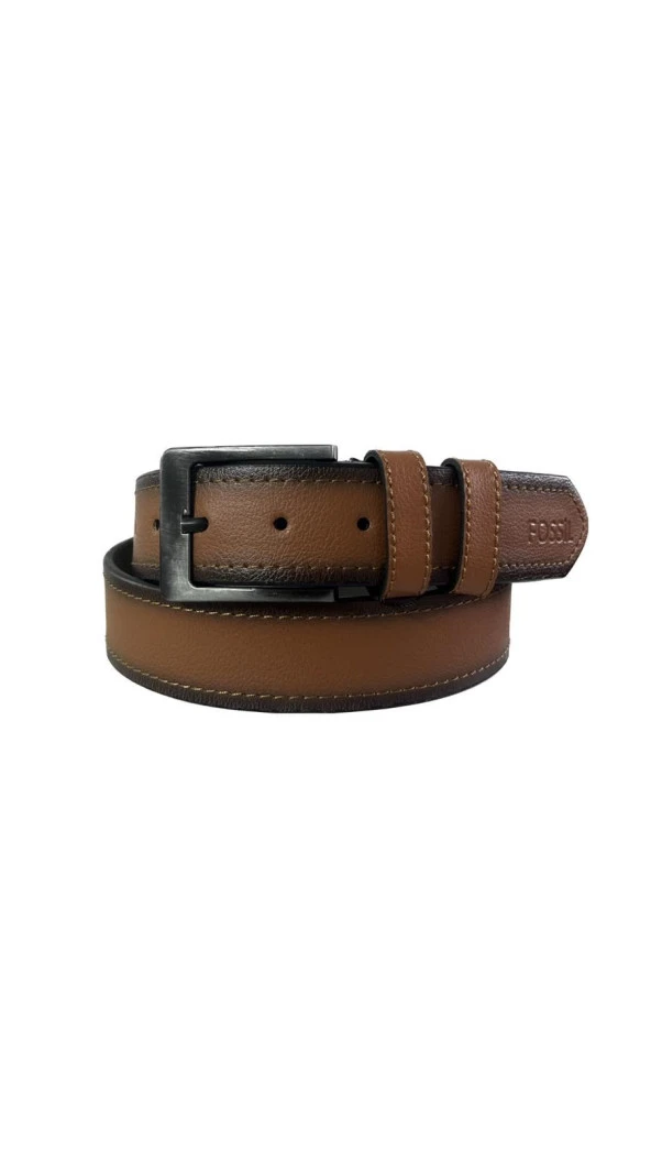 Fossil Taba Çift Dikiş Suni Deri 4 cm Erkek Kemeri-120Cm ürün görseli 1