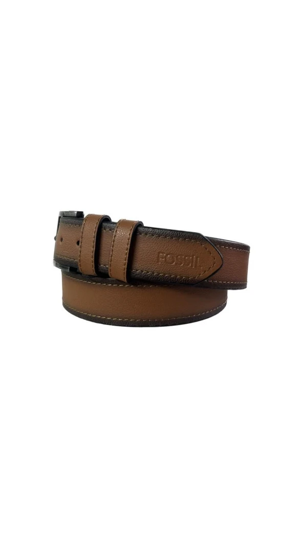 Fossil Taba Çift Dikiş Suni Deri 4 cm Erkek Kemeri-125Cm ürün görseli 1