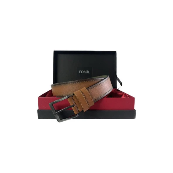 Fossil Taba Çift Dikiş Suni Deri 4 cm Erkek Kemeri-110Cm ürün görseli 1