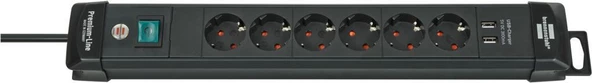 Brennenstuhl 2xUSB Şarj İşlevli Akım Korumalı 6'lı Priz 3M.Siyah ürün görseli 1