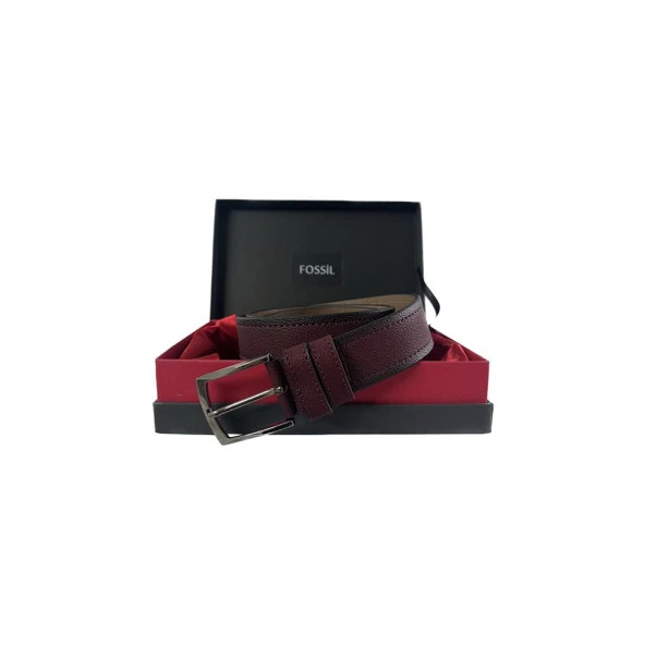 Fossil Bordo Çift Dikiş Suni Deri 4 cm Erkek Kemeri-130 Cm ürün görseli 1
