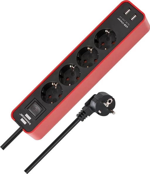 Brennenstuhl 2 X USB Hızlı Şarj Özellikli 4 Soketli Priz Kırmızı ürün görseli 1