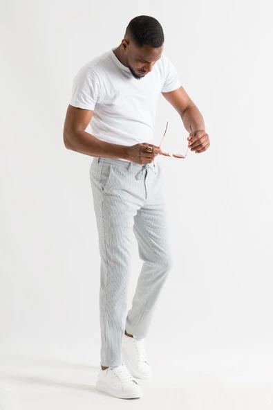 Slimfit Çizgili Beli Lastikli İplikli Duble Ve Boru Paça Yazlık Erkek Jogger Pantolon ürün görseli 1