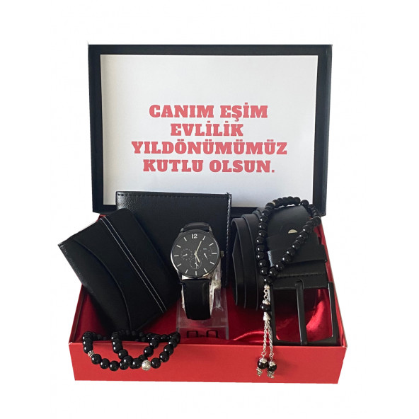 Erkek Siyah Kemer Cüzdan Kartvizit Tespih Bileklik Saat Hediye Seti ürün görseli 1