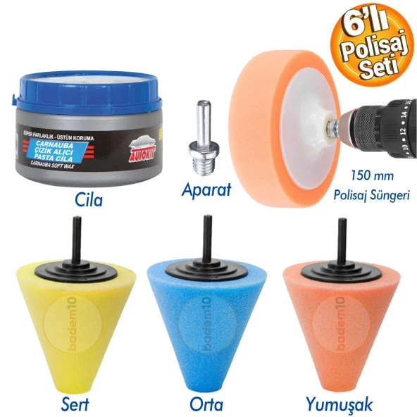 Rodex Pasta Cila Matkap Ucu Jant Oto Parlatma Polisaj Süngeri Konik Aparatı Temizlik Seti (6 PARÇA) ürün görseli 1