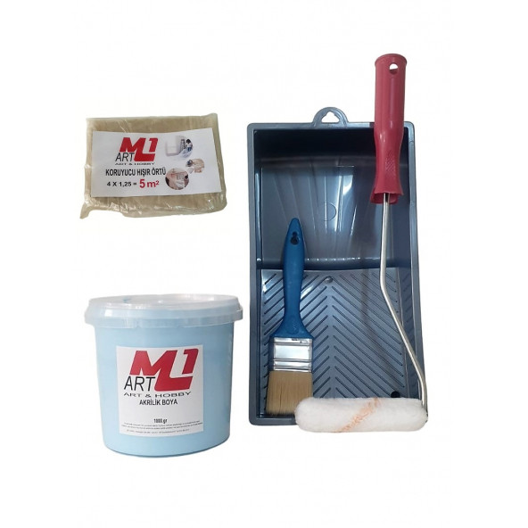 M1 ART MAVİ Akrilik Boya 1.kg  Tava+Rulo+Örtü +Fırça -SET -Ahşap, Tuval, Seramik , Duvar ,Taş ürün görseli 1