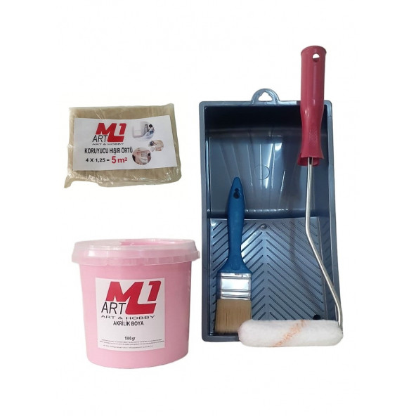 M1 ART PEMBE Akrilik Boya 1.kg  Tava+Rulo+Örtü +Fırça -SET -Ahşap, Tuval, Seramik , Duvar ,Taş ürün görseli 1