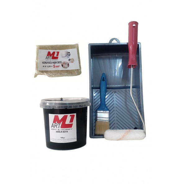 M1 ART SİYAH Akrilik Boya 1.kg  Tava+Rulo+Örtü +Fırça -SET -Ahşap, Tuval, Seramik , Duvar ,Taş ürün görseli 1
